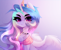 Size: 3192x2615 | Tagged: safe, artist:shenki, derpibooru import, princess celestia, alicorn, pony, g4, chest fluff, collar, cute, female, high res, looking at you, mare, redraw, simple background, solo