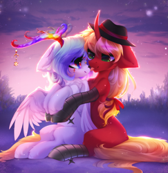 Size: 2333x2404 | Tagged: safe, artist:shenki, derpibooru import, oc, oc only, pegasus, pony, unicorn, antlers, curved horn, duo, ears, fedora, female, floppy ears, hat, high res, horn, hug, looking at each other, looking at someone, male, mare, mlem, outdoors, pegasus oc, silly, tongue, tongue out, unicorn oc