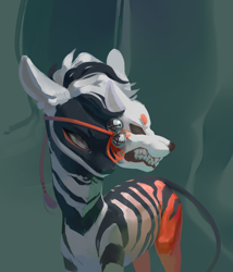 Size: 3000x3500 | Tagged: safe, artist:yanisfucker, derpibooru import, oc, oc only, pony, zebra, abstract background, ambiguous gender, bells, fangs, mask, skull, solo, teeth, zebra oc