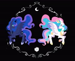 Size: 2814x2282 | Tagged: source needed, safe, artist:boom175974, artist:cellolikescat, artist:🍄cello🌿, derpibooru import, princess celestia, princess luna, alicorn, pony, g4, black background, duo, duo female, female, profile, royal sisters, siblings, simple background, sisters, smiling, spread wings, wings