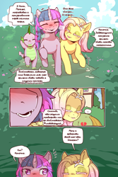 Size: 960x1440 | Tagged: safe, artist:cold-blooded-twilight translation, derpibooru import, edit, fluttershy, spike, twilight sparkle, unicorn twilight, oc, dragon, pegasus, pony, unicorn, comic:cold storm (ru), g4, blushing, bush, cold blooded twilight, comic, cyrillic, dialogue, emanata, eyes closed, fangs, female, flower, flower in hair, horn, long eyelashes, male, mare, open mouth, open smile, outdoors, russian, shivering, smiling, speech bubble, sweat, translation, translator:agent00k0t