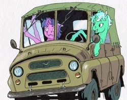 Size: 1112x875 | Tagged: safe, artist:adeptus-monitus, derpibooru import, lyra heartstrings, twilight sparkle, pony, unicorn, g4, driving, duo, duo female, female, frown, grin, horn, mare, ponies driving cars, smiling, truck