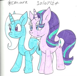 Size: 1037x1025 | Tagged: safe, artist:cmara, derpibooru import, starlight glimmer, trixie, pony, unicorn, g4, duo, duo female, female, horn, simple background, white background