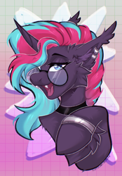 Size: 1640x2360 | Tagged: safe, artist:koffeemilk, derpibooru import, oc, oc only, oc:synthie glitch, bat pony, hybrid, unicorn, abstract background, bat pony unicorn, blue eyes, bracelet, chest fluff, choker, cute, cute little fangs, ear fluff, ear piercing, ear tufts, earring, ears, eyelashes, fangs, female, glasses, gradient background, halfbody, happy, horn, jewelry, mare, multicolored hair, multicolored mane, open mouth, open smile, piercing, smiling, solo