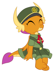 Size: 750x1000 | Tagged: safe, artist:queencold, derpibooru import, smolder, dragon, g4, cute, cute little fangs, dragoness, eyes closed, fangs, female, filly guides, scout uniform, simple background, sitting, smiling, smolderbetes, solo, transparent background