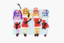 Size: 3000x2000 | Tagged: safe, artist:queenhoneybee, derpibooru import, adagio dazzle, aria blaze, sonata dusk, sunset shimmer, human, equestria girls, g4, arm on shoulder, boots, breasts, christmas, christmas 2024, cleavage, clothes, dress, female, gloves, grin, hand on hip, hat, high res, holiday, long gloves, looking at you, santa dress, santa hat, shoes, simple background, smiling, smiling at you, the dazzlings, tongue, tongue out, white background