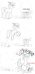 Size: 2200x4600 | Tagged: safe, artist:rocket-lawnchair, derpibooru import, oc, oc only, oc:anon, human, pony, autistic screeching, black and white, bloodborne, comic, crossover, duo, duo male and female, elden ring, female, giant pony, grayscale, high res, hop, horns, human male, macro, male, mare, monochrome, partial color, ponified, simple background, species swap, torrent (elden ring), white background, you died