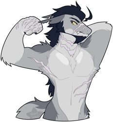 Size: 651x703 | Tagged: safe, artist:shortbred, derpibooru import, oc, oc only, oc:cavalry, anthro, diamond dog, earth pony, hybrid, armpits, belly, belly button, chest fluff, clothes, fangs, fluffy, male, muscles, nudity, partial nudity, scar, simple background, solo, topless, transparent background