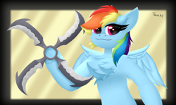 Size: 1262x752 | Tagged: safe, artist:twinky, derpibooru import, rainbow dash, pegasus, pony, semi-anthro, g4, :3, belly, belly button, chest fluff, dexterous hooves, ear fluff, ears, female, mare, shuriken, smiling, solo, spread wings, underhoof, weapon, wings