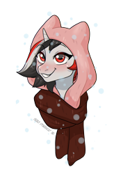 Size: 2248x3182 | Tagged: safe, derpibooru import, oc, oc only, oc:red rocket, unicorn, blushing, bust, clothes, commission, eye clipping through hair, hood, horn, scarf, simple background, smiling, solo, transparent background, unicorn oc, ych result