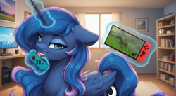 Size: 3040x1664 | Tagged: safe, ai content, derpibooru import, generator:stable diffusion, princess luna, alicorn, horse, pony, g4, ai composition, book, bookshelf, computer, cute, epona, female, football, gamer luna, heart, heart eyes, humans riding horses, indoors, licking, link, looking at you, mare, nintendo switch, prompter:kimberlite, riding, solo, sports, tail, the legend of zelda, tongue, tongue out, window, wingding eyes