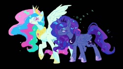 Size: 1152x648 | Tagged: safe, artist:boom175974, artist:🍄cello🌿, derpibooru import, princess celestia, princess luna, alicorn, pony, g4, black background, blushing, duo, female, hoof shoes, jewelry, mare, peytral, regalia, simple background, sleepy, spread wings, wings