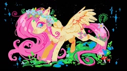 Size: 1152x648 | Tagged: safe, artist:boom175974, artist:🍄cello🌿, derpibooru import, fluttershy, pegasus, pony, g4, chest fluff, female, floral head wreath, flower, mare, solo, spread wings, wings