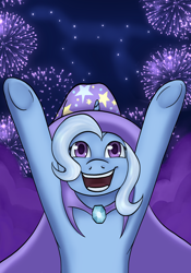 Size: 1668x2388 | Tagged: safe, artist:theedgyduck, derpibooru exclusive, derpibooru import, part of a series, part of a set, trixie, pony, unicorn, series:leechlord draws every episode, boast busters, g4, arms in the air, brooch, cape, clothes, constellation, female, fireworks, hat, horn, jewelry, magician outfit, mare, my little pony: friendship is magic, night, smiling, solo, trixie's brooch, trixie's cape, trixie's hat