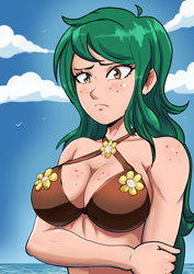 Size: 2894x4093 | Tagged: safe, artist:symptom99, derpibooru import, wallflower blush, human, equestria girls, g4, bikini, boob freckles, breasts, busty wallflower blush, chest freckles, clothes, female, freckles, high res, human coloration, shoulder freckles, solo, swimsuit