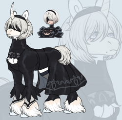 Size: 1280x1257 | Tagged: safe, artist:malinraf1615, derpibooru import, human, pony, unicorn, 2b, blindfold, clothes, dress, female, horn, mare, nier: automata, ponified, solo, species swap