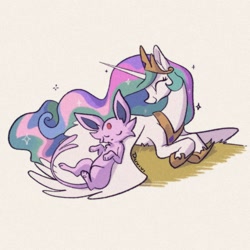 Size: 1668x1668 | Tagged: safe, artist:duvivi, derpibooru import, princess celestia, alicorn, pony, g4, crossover, crown, cute, cutelestia, duo, espeon, eyes closed, female, jewelry, lying down, mare, peytral, pokémon, prone, regalia, simple background, sleeping, sleeping on wings, smiling, sparkles, white background