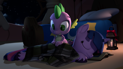 Size: 3840x2160 | Tagged: safe, artist:owlpirate, derpibooru import, spike, twilight sparkle, dragon, pony, g4, 3d, 4k, bed, bedroom, blanket, book, duo, duo male and female, eyes closed, female, golden oaks library, high res, lantern, lying down, male, mare, prone, sleeping, source filmmaker, sploot, unshorn fetlocks