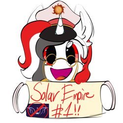 Size: 1856x1856 | Tagged: safe, artist:cupute, derpibooru import, oc, oc:red rocket, unicorn, equestria at war mod, commission, glasses, happy, hat, horn, looking at you, new lunar republic, peaked cap, sign, simple background, solar empire, solo, transparent background, unicorn oc, ych result