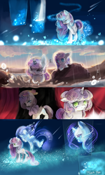 Size: 1200x2000 | Tagged: safe, artist:aquagalaxy, derpibooru import, rarity, sweetie belle, pony, unicorn, g4, clothes, comic, crying, female, horn, mare, older, rain, sad, scarf