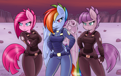 Size: 6213x3918 | Tagged: safe, artist:ambris, derpibooru import, maud pie, pinkie pie, rainbow dash, anthro, earth pony, pegasus, g4, season 5, the cutie re-mark, alternate timeline, amputee, apinkalypse pie, apocalypse dash, apocalypse maud, artificial wings, augmented, badass, colored pupils, crystal war timeline, female, hair over one eye, looking at you, my little pony: friendship is magic, pie sisters, pinkamena diane pie, prosthetic limb, prosthetic wing, prosthetics, scar, scene interpretation, siblings, sisters, trio, wings