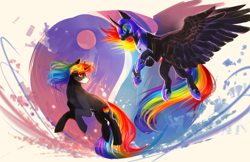 Size: 4636x3000 | Tagged: safe, artist:aquagalaxy, derpibooru import, nightmare moon, oc, pony, unicorn, g4, flying, horn, yin-yang