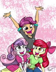 Size: 7728x9964 | Tagged: safe, artist:alligatorgummy, artist:lunchie, derpibooru import, apple bloom, scootaloo, sweetie belle, equestria girls, g4, rainbow rocks, abstract background, belt, belt buckle, bow, buckle, cheering, credits, cutie mark crusaders, eyebrows, eyebrows visible through hair, hair bow, open mouth, open smile, shine like rainbows, smiling, teeth, wristband, zipper