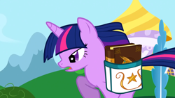 Size: 1920x1080 | Tagged: safe, derpibooru import, screencap, twilight sparkle, unicorn twilight, pony, unicorn, friendship is magic, g4, bag, book, book of harmony, female, horn, mare, my little pony: friendship is magic, saddle bag, unicorn twilightm