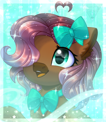 Size: 1274x1470 | Tagged: oc name needed, safe, artist:amitadust, derpibooru import, oc, oc only, earth pony, pony, abstract background, ahoge, bow, bowtie, brown coat, bust, colored muzzle, colored pinnae, cute, ear fluff, ears, facial markings, female, hair bow, hair over one eye, heart ahoge, icon, mare, neck bow, ocbetes, open mouth, open smile, shiny mane, smiling, solo, sparkles, sparkly mane