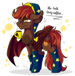 Size: 2900x2944 | Tagged: safe, artist:julunis14, derpibooru import, oc, oc only, oc:zack whitefang, bat pony, pony, bat pony oc, bat wings, chest fluff, clothes, cute, cute little fangs, ear fluff, ears, fangs, hat, leg fluff, male, morning ponies, mug, nightcap, one wing out, simple background, slit eyes, socks, solo, stallion, tongue, tongue out, white background, wing hands, wings