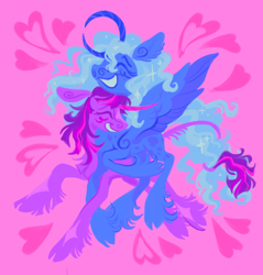 Size: 1960x2048 | Tagged: safe, artist:peaceandlove26, artist:webkinzworldz, derpibooru import, princess luna, twilight sparkle, alicorn, classical unicorn, pony, unicorn, g4, blush scribble, blushing, cloven hooves, coat markings, colored horn, curved horn, duo, ear fluff, ears, eyes closed, facial markings, februpony, female, freckles, grin, heart, horn, intertwined tails, leonine tail, lesbian, mare, open mouth, pink background, shipping, simple background, smiling, spread wings, star (coat marking), tail, tail fluff, twiluna, unshorn fetlocks, wings