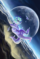 Size: 1784x2620 | Tagged: safe, artist:stearinka, derpibooru import, oc, oc only, oc:star moonlight, goo, goo pony, original species, pony, commission, floating, horns, planet, space, space helmet, zero gravity