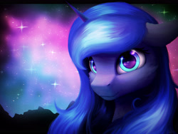 Size: 4000x3000 | Tagged: safe, artist:itssim, derpibooru import, princess luna, alicorn, pony, g4, bust, ears, eye reflection, female, floppy ears, horn, light, looking at you, mare, night, portrait, reflection, smiling, smiling at you, solo, sparkles, stars, three quarter view