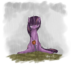 Size: 1200x1125 | Tagged: safe, artist:tsukamoto-san, derpibooru import, twilight sparkle, unicorn twilight, pony, unicorn, g4, crying, eyes closed, female, flower, horn, mare, outdoors, rain, rose, signature, solo