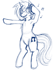 Size: 952x1280 | Tagged: safe, derpibooru import, dj pon-3, vinyl scratch, pony, unicorn, g4, armpits, belly, bipedal, female, headphones, horn, mare, monochrome, music notes, skech, sketch, solo, vinyl's glasses