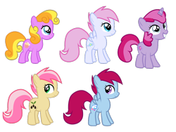 Size: 1024x768 | Tagged: safe, artist:kharmacal, derpibooru import, sunny daze, earth pony, pegasus, pony, unicorn, g4, apple sprout, cottonbelle, female, filly, foal, free to use, horn, lily (g4), lullaby moon, simple background, transparent background, two toned hair