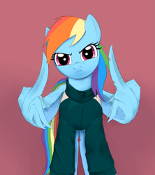 Size: 3777x4256 | Tagged: safe, artist:lillslim, derpibooru import, rainbow dash, pegasus, pony, g4, angry, clothes, drawthread, feather fingers, hand wings, looking at you, middle feather, middle finger, requested art, squid game, squid game 2, vulgar, wing hands, wings