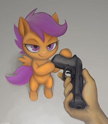 Size: 1000x1152 | Tagged: safe, artist:darkdoomer, derpibooru import, scootaloo, pegasus, pony, g4, beretta, bipedal, female, filly, foal, go do a crime, gun, hand, lidded eyes, meme, ponified, ponified meme, smiling, standing, this will end in tears and/or death and/or covered in tree sap, weapon