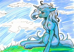 Size: 1280x894 | Tagged: safe, artist:raychelrage, derpibooru import, trixie, pony, unicorn, g4, horn, outdoors, signature, sitting, solo, traditional art