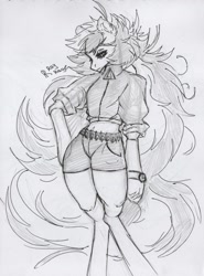 Size: 945x1280 | Tagged: safe, artist:raychelrage, derpibooru import, oc, oc only, oc:rachel rage, anthro, pegasus, clothes, female, hoof on hip, midriff, monochrome, solo, traditional art, unshorn fetlocks, watch