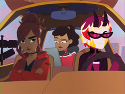 Size: 1280x961 | Tagged: safe, artist:robertsonskywa1, derpibooru import, oc, oc:starbreaker firewalker, demon, equestria girls, g4, african american, beckett mariner, car, carmen sandiego, clothes, crossed arms, crossover, female, goofy movie meme, hazbin hotel, horns, male, photo, star trek, star trek lower decks, steering wheel, sunglasses, unamused, vitiligo