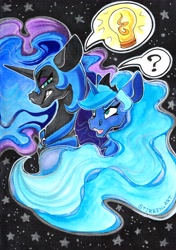 Size: 2453x3481 | Tagged: safe, artist:stirren, derpibooru import, nightmare moon, princess luna, alicorn, pony, g4, bust, counterparts, duo, looking at each other, looking at someone, open mouth, portrait, speech bubble, starry night, stars, traditional art