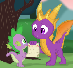 Size: 3527x3290 | Tagged: safe, artist:porygon2z, derpibooru import, spike, dragon, g4, adoption, butt, contract, crossover, cute, daaaaaaaaaaaw, forest background, heartwarming, male, outdoors, paper, scroll, spyro the dragon, spyro the dragon (series), tree