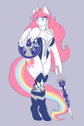 Size: 1365x2048 | Tagged: safe, artist:mscolorsplash, derpibooru import, oc, oc:nekonin, alicorn, arm hooves, armor, boots, breasts, busty boy, cleavage, clothes, crossover, femboy, high heel boots, high heels, intersex, leotard, male, monster hunter, monster hunter world, shield, shoes, solo, solo male, sword, weapon