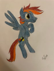 Size: 3024x4032 | Tagged: safe, artist:celestialflare, derpibooru exclusive, derpibooru import, oc, oc only, oc:firewire, pegasus, pony, simple background, smiling, solo, traditional art, white background