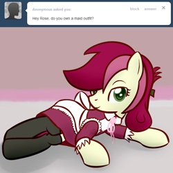 Size: 650x650 | Tagged: safe, derpibooru import, roseluck, earth pony, g4, ask, clothes, female, maid, seductive pose, socks, solo, solo female, tumblr