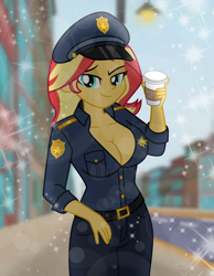 Size: 5500x7104 | Tagged: safe, artist:emeraldblast63, derpibooru import, sunset shimmer, human, equestria girls, g4, breasts, cleavage, clothes, coffee, lens flare, looking at you, outdoors, police uniform, smiling, solo, stupid sexy sunset shimmer, sunset jiggler