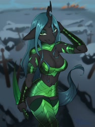 Size: 2048x2732 | Tagged: safe, artist:erival, derpibooru import, queen chrysalis, anthro, changeling, changeling queen, g4, armor, blade, breasts, cleavage, clothes, female, looking at you, socks, solo, thigh highs, weapon