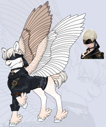 Size: 1280x1536 | Tagged: safe, artist:malinraf1615, derpibooru import, human, pegasus, pony, blindfold, clothes, nier: automata, ponified, solo, species swap