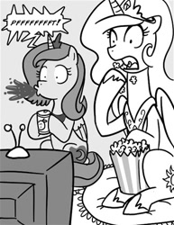 Size: 324x419 | Tagged: safe, artist:madmax, derpibooru import, princess celestia, princess luna, alicorn, pony, g4, cropped, duo, female, food, grayscale, indoors, monochrome, popcorn, reaction image, royal sisters, s1 luna, siblings, sisters, soda, spit take, television